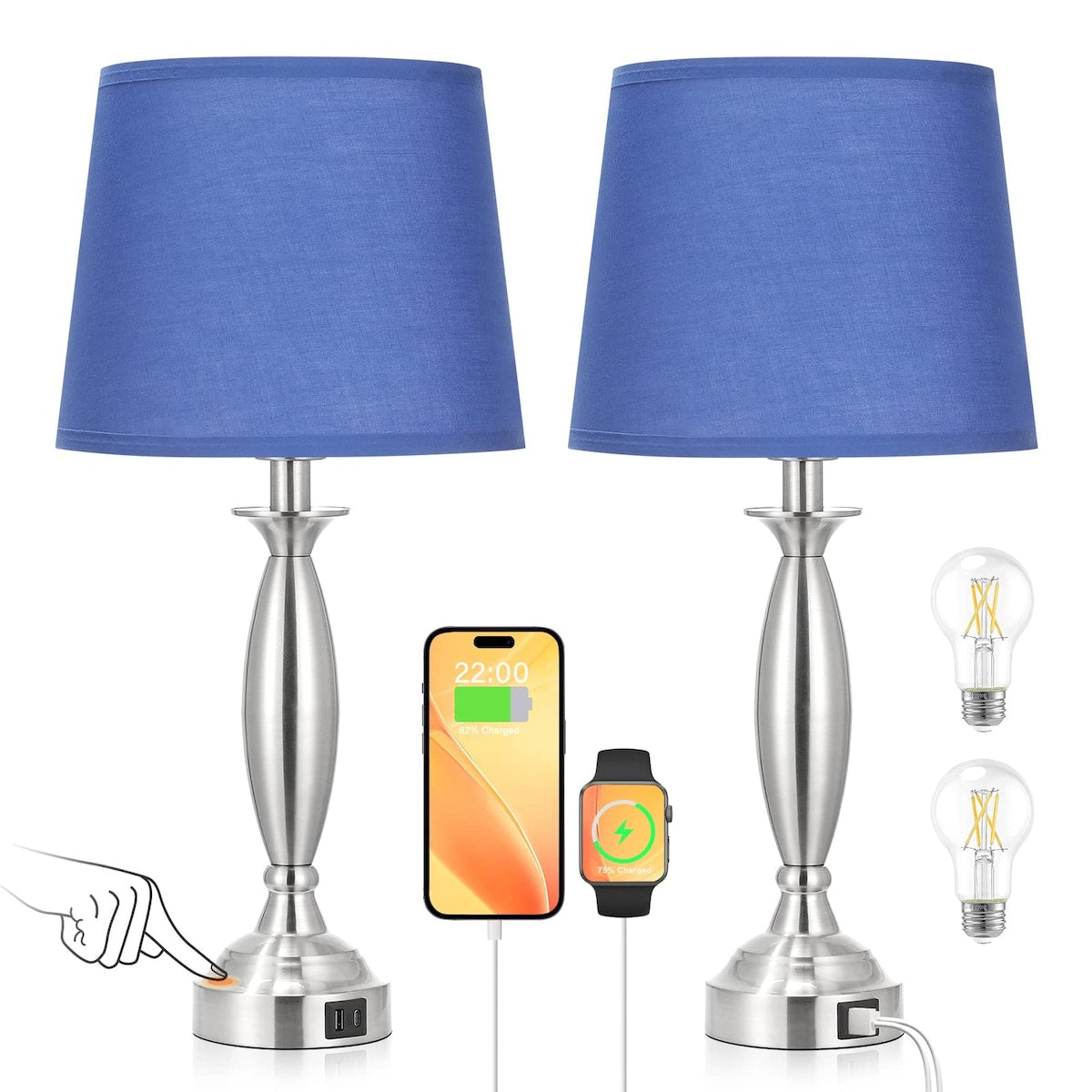 Blue Lamps for Bedrooms Set of 2 - Touch Control Bedside Lamp with USB C+A, 3 Way Dimmable Nightstand Lamps with USB Port