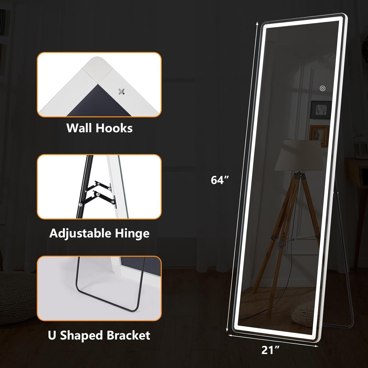 Floor Mirror with LED Light, 64 x 21 Full Length Mirror with Stand, Hanging Mirror Wall Mounted Mirror Full Body Mirror