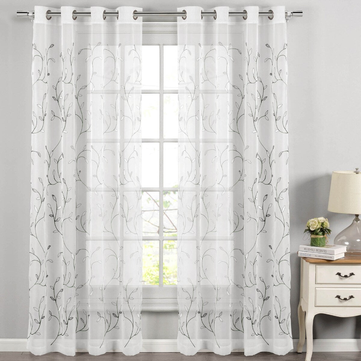 Wavy Leaves Embroidered Sheer Extra Wide Window Curtain (Single Panel)