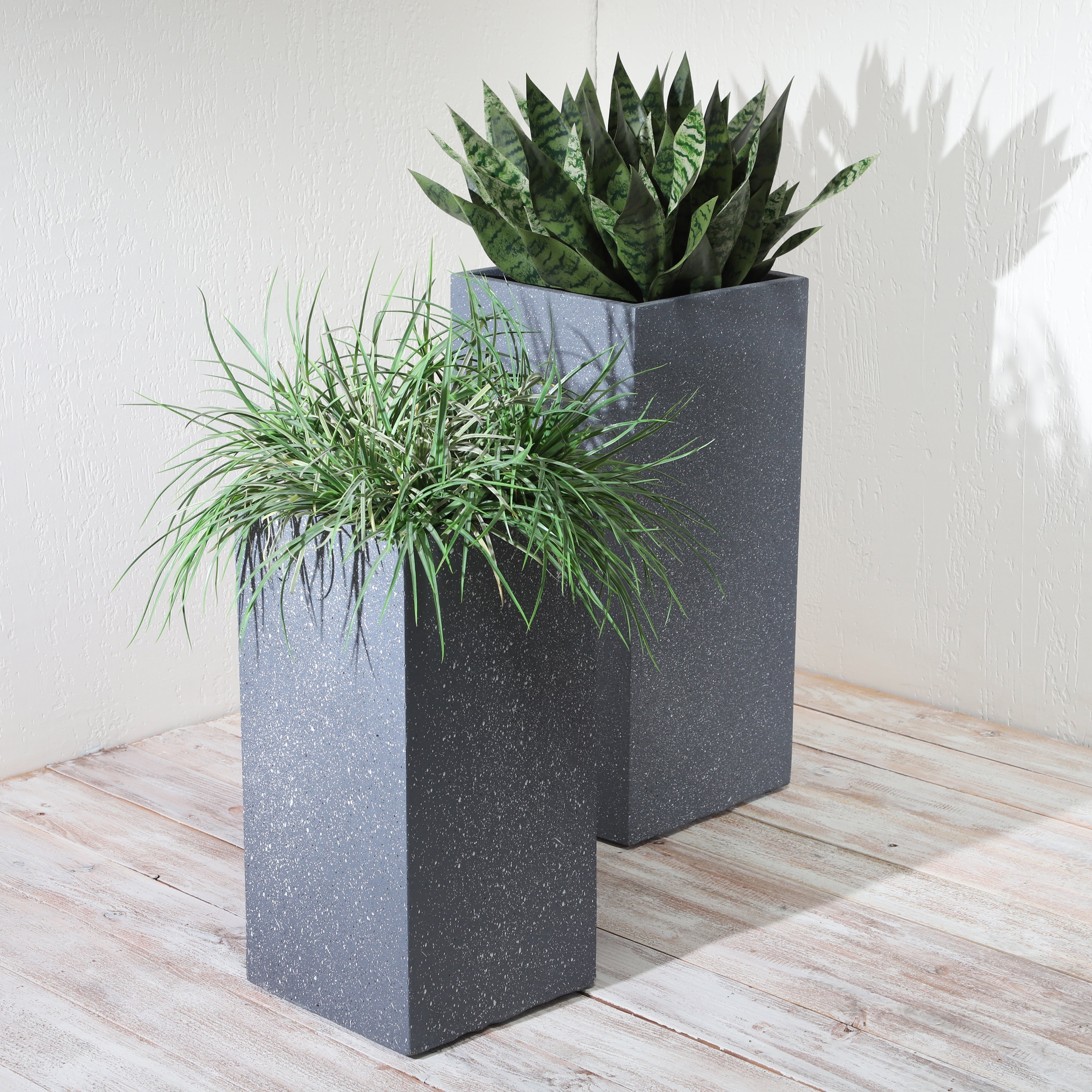 Dark Gray Resin Square Nested Planters, Set of Two, 11Lx11W 22H/13Lx11W28H, Stylish Indoor and Outdoor Plant Pots,