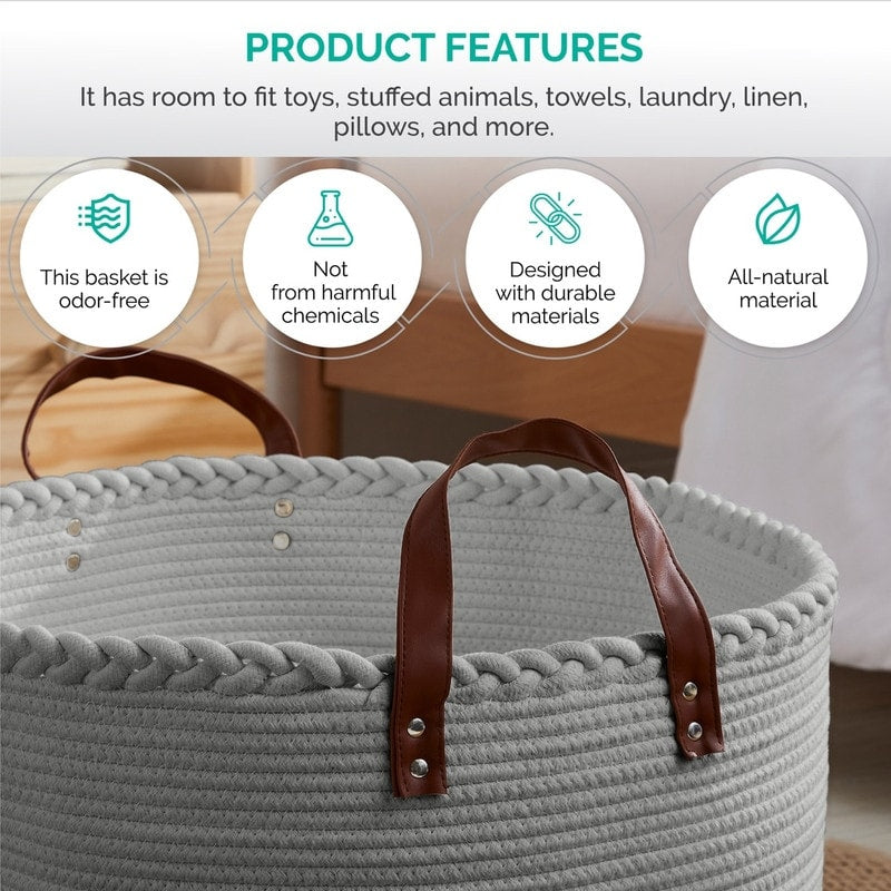 Large Round Cotton Rope Storage Basket Laundry Hamper with Leather Handles, 21 x 21 x 14 - 21 x 21 x 14