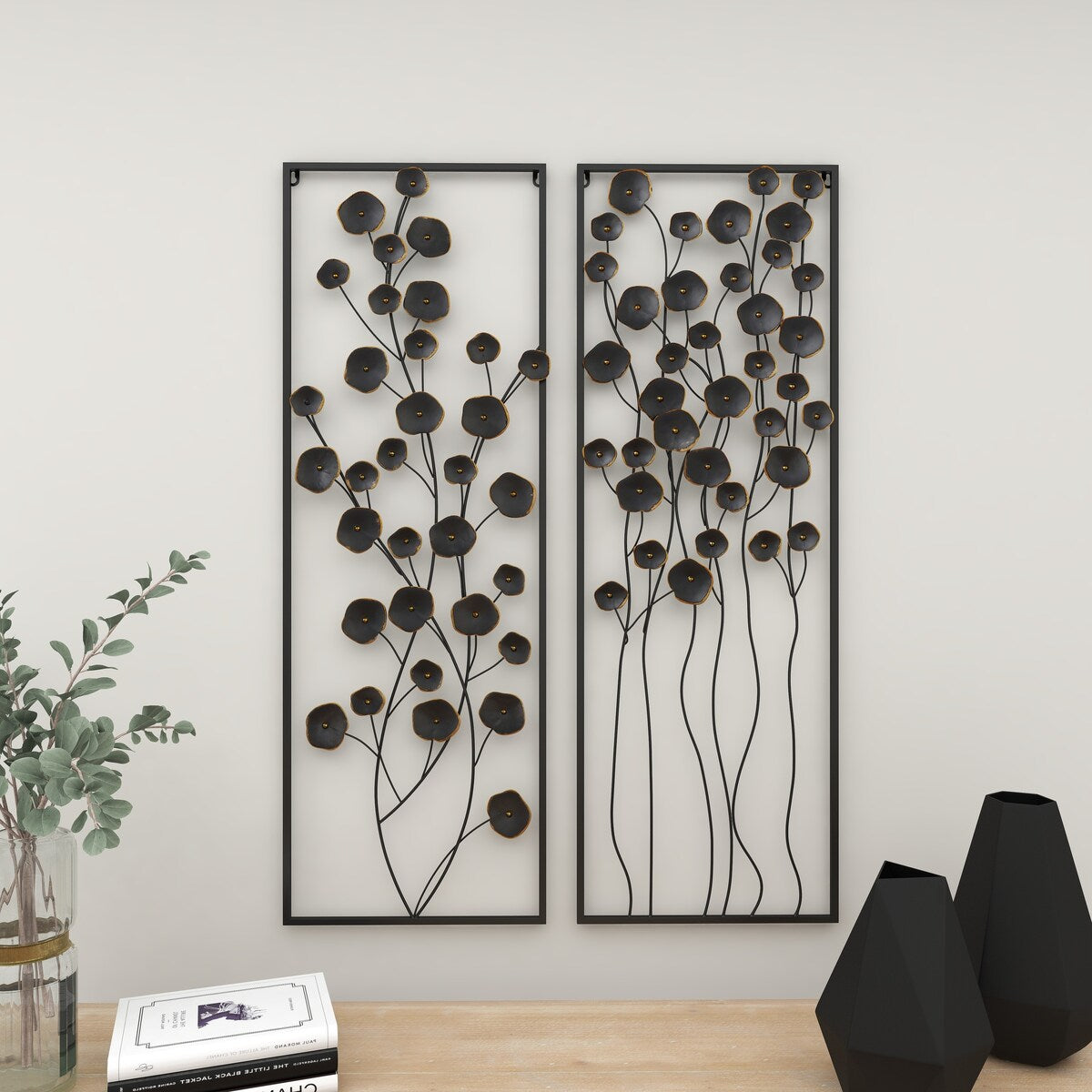 Metal Floral Home Wall Decor with Black Frame - Set of 2 Black - Roche River Decor