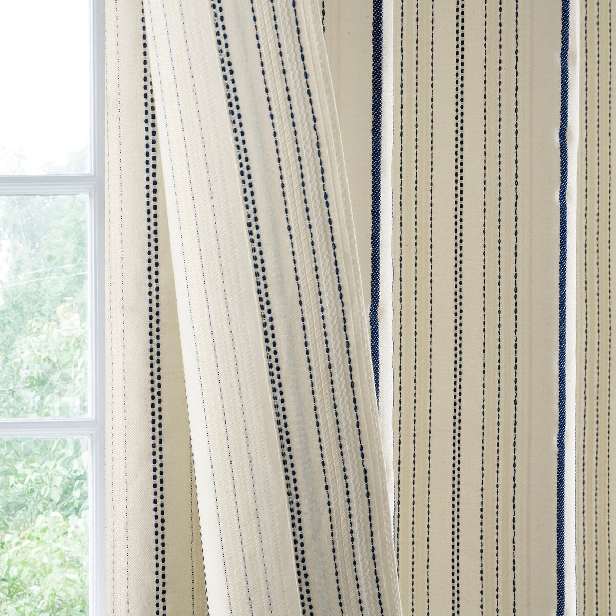 Exclusive Fabrics Striped Blue Linear Cotton Light Filtering Curtains For Bedroom & Living Room Curtains Pair (2 Panels)