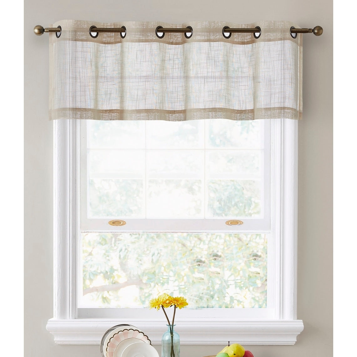 HLC.me Abbey Faux Linen Textured Semi Sheer Grommet Curtain Tiers Valance Small Windows, Bedroom & Bathroom