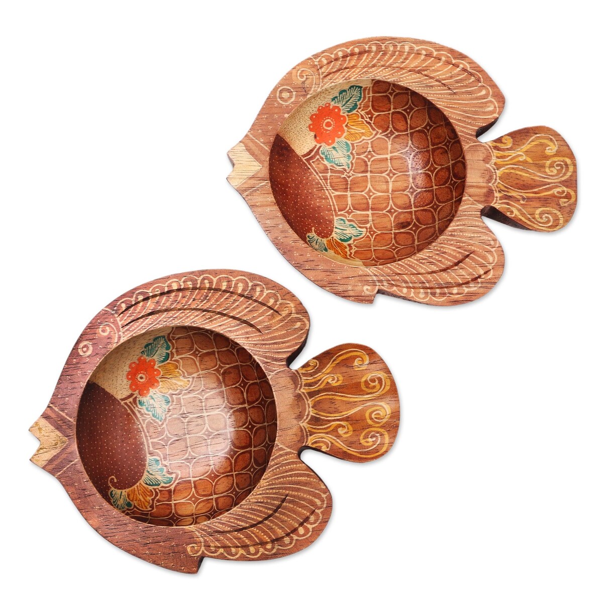 Novica Handmade Java Fish Wood Batik Decorative Bowls (Pair)