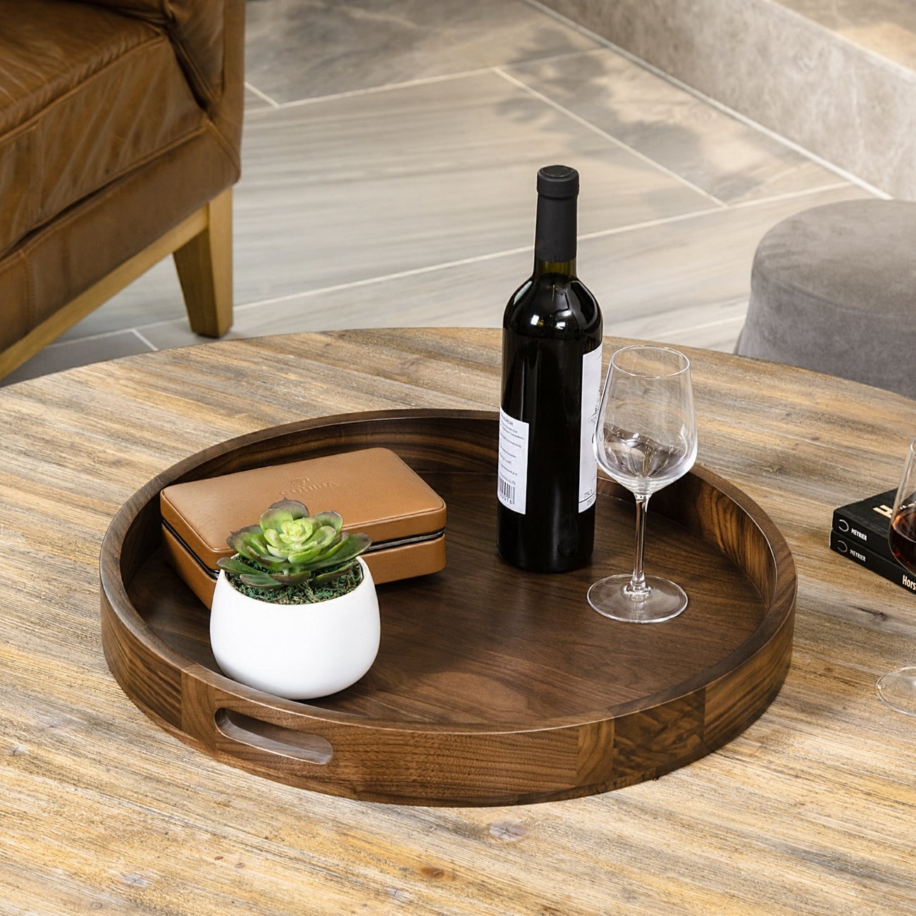 Round Black Walnut Wood Serving Tray Ottoman Tray with Handles