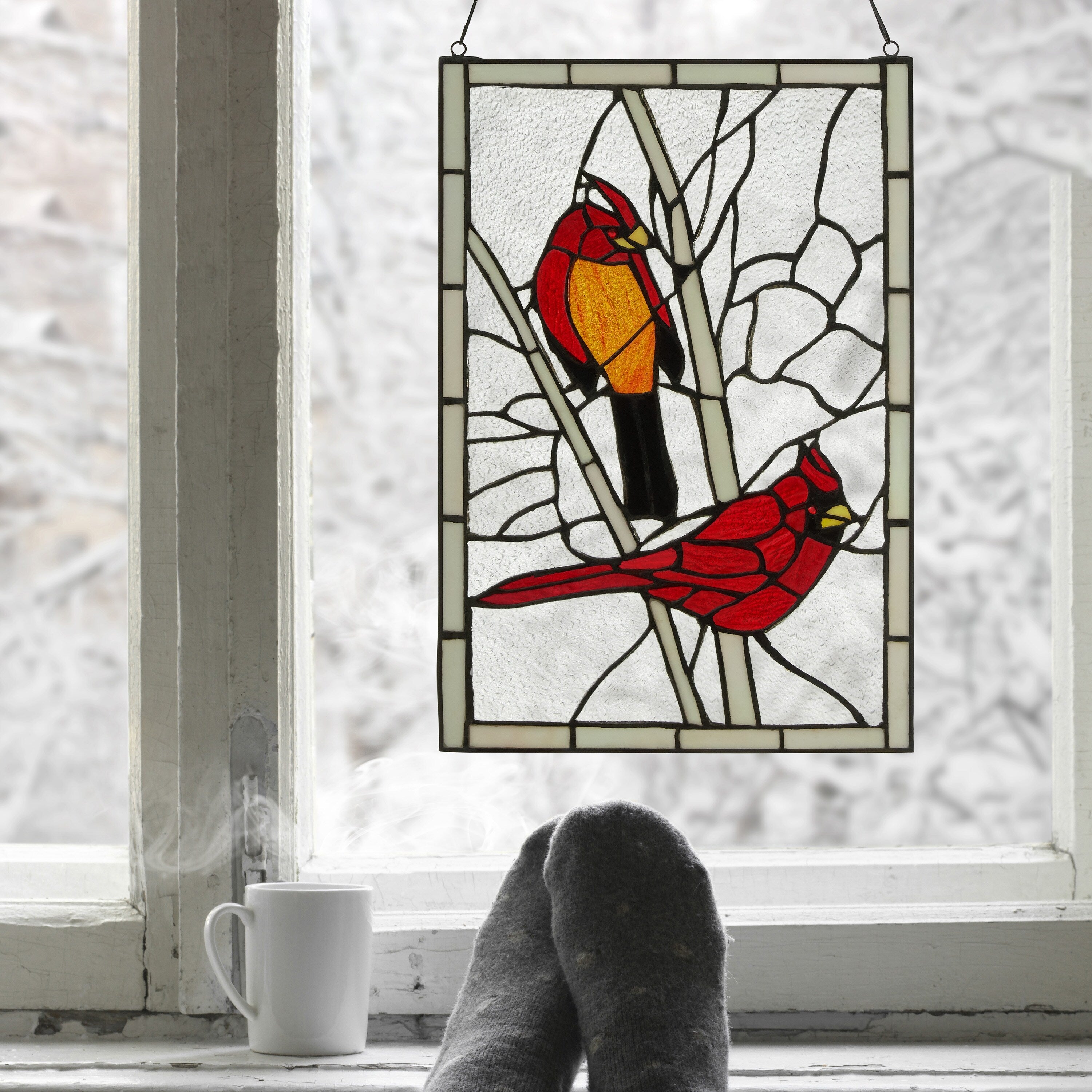 Copper Grove Zoetermeer 18.5-inch Northern Cardinal Songbird Stained Glass Window Panel