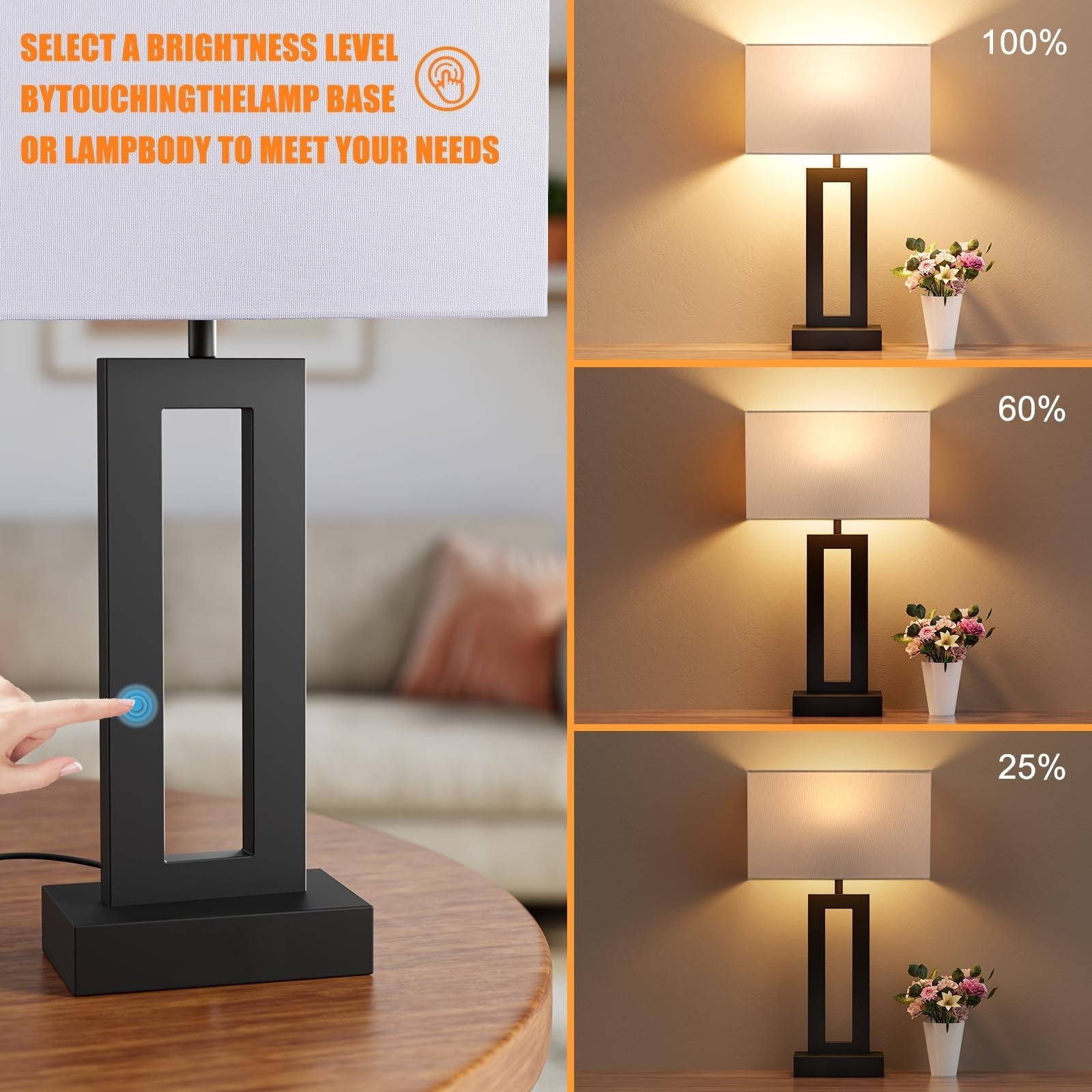 Nightstand Table Lamps for Bedrooms Set of 2 - Touch Bedside Lamp with USB C+A, 3 Way Dimmable Living Room Lamps