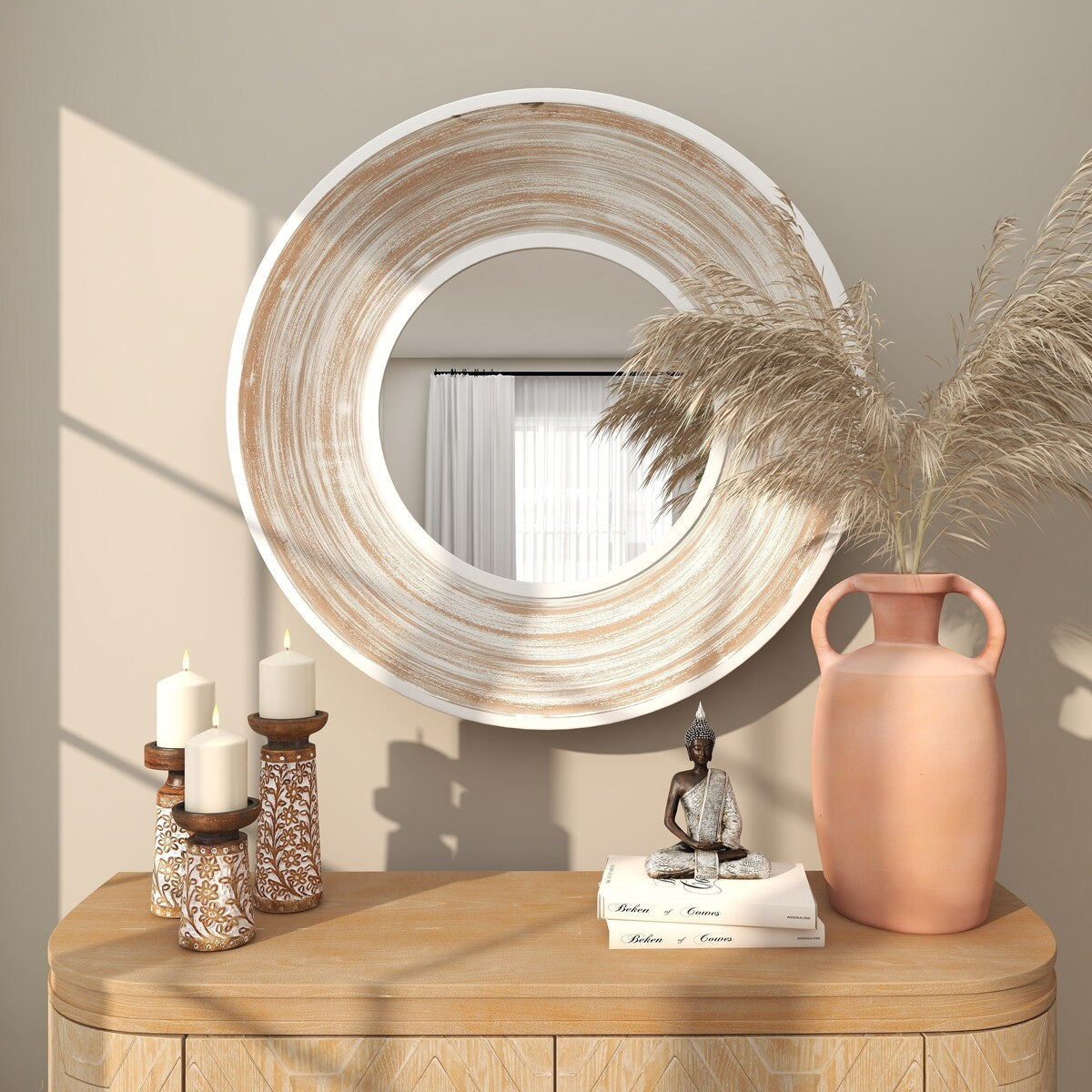 Wooden Room Wall Mirror with White Wash Effect - Cream - Roche River Decor