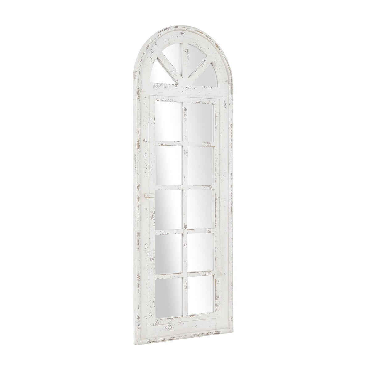 Wooden Window Pane Inspired Room Wall Mirror with Arched Top and Distressing - White - Roche River Decor