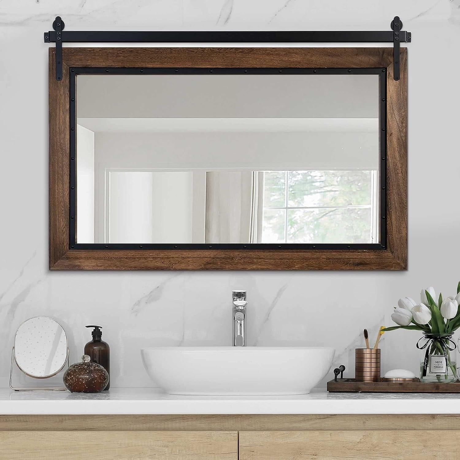 Farmhouse Barn Door Style Natural Wood Bathroom Vanity Wall Mirror