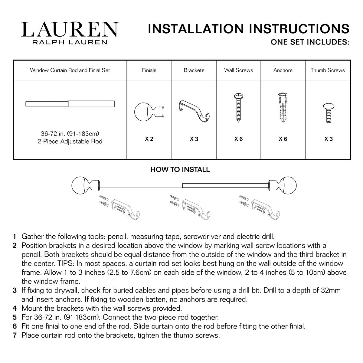 Lauren Ralph Lauren Welford 1 Adjustable Window Curtain Rod and Finial Set