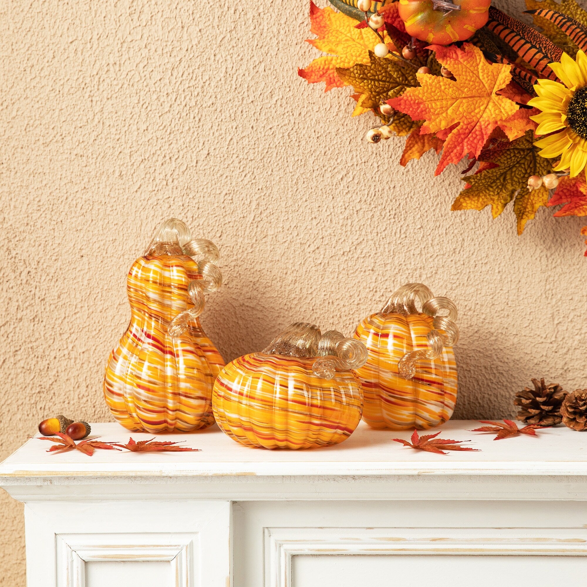 Glitzhome S/3 Thanksgiving Harvest Glass Pumpkin & Gourd Decor Christmas Centerpiece