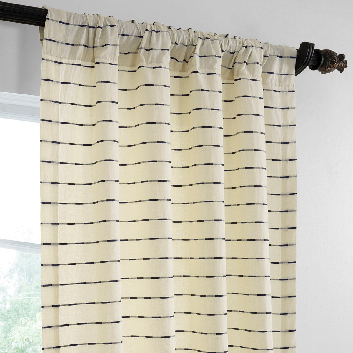 Exclusive Fabrics Striped Blue Linear Cotton Light Filtering Curtains For Bedroom & Living Room Curtains Pair (2 Panels)