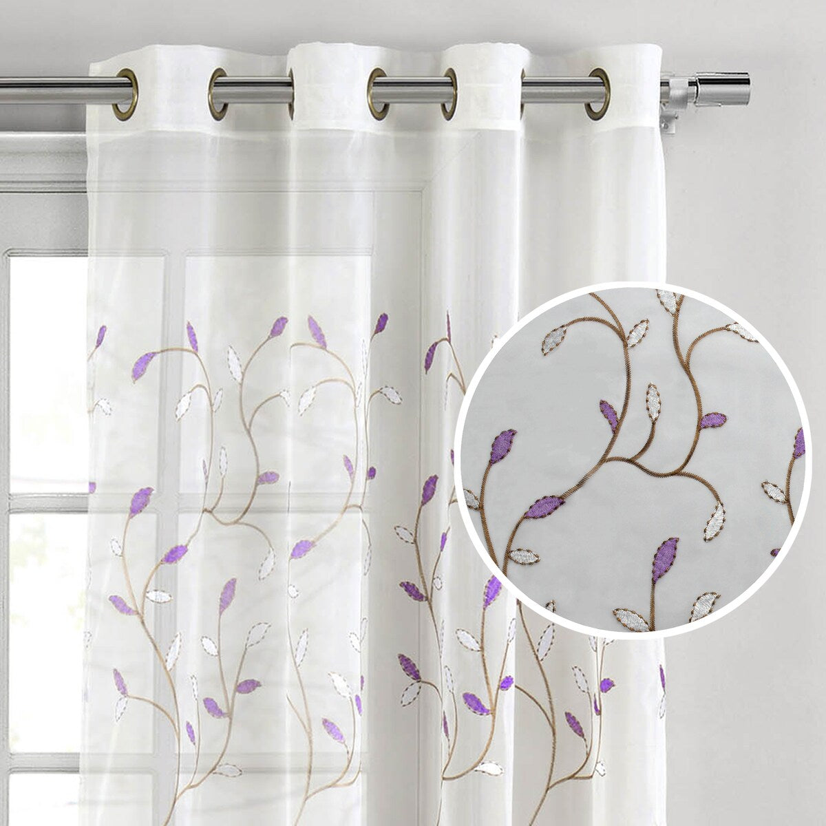 Wavy Leaves Embroidered Sheer Extra Wide Window Curtain (Single Panel)