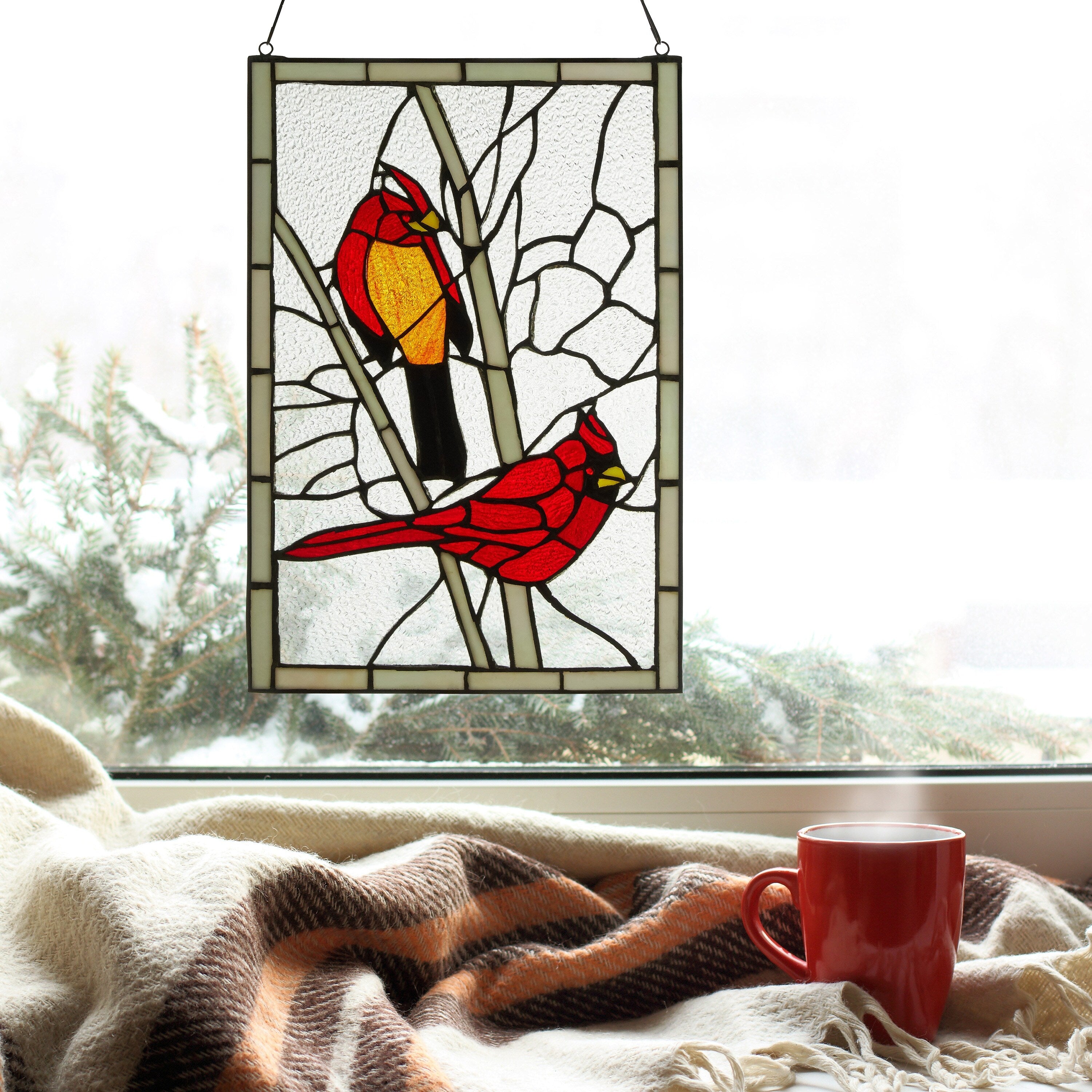 Copper Grove Zoetermeer 18.5-inch Northern Cardinal Songbird Stained Glass Window Panel