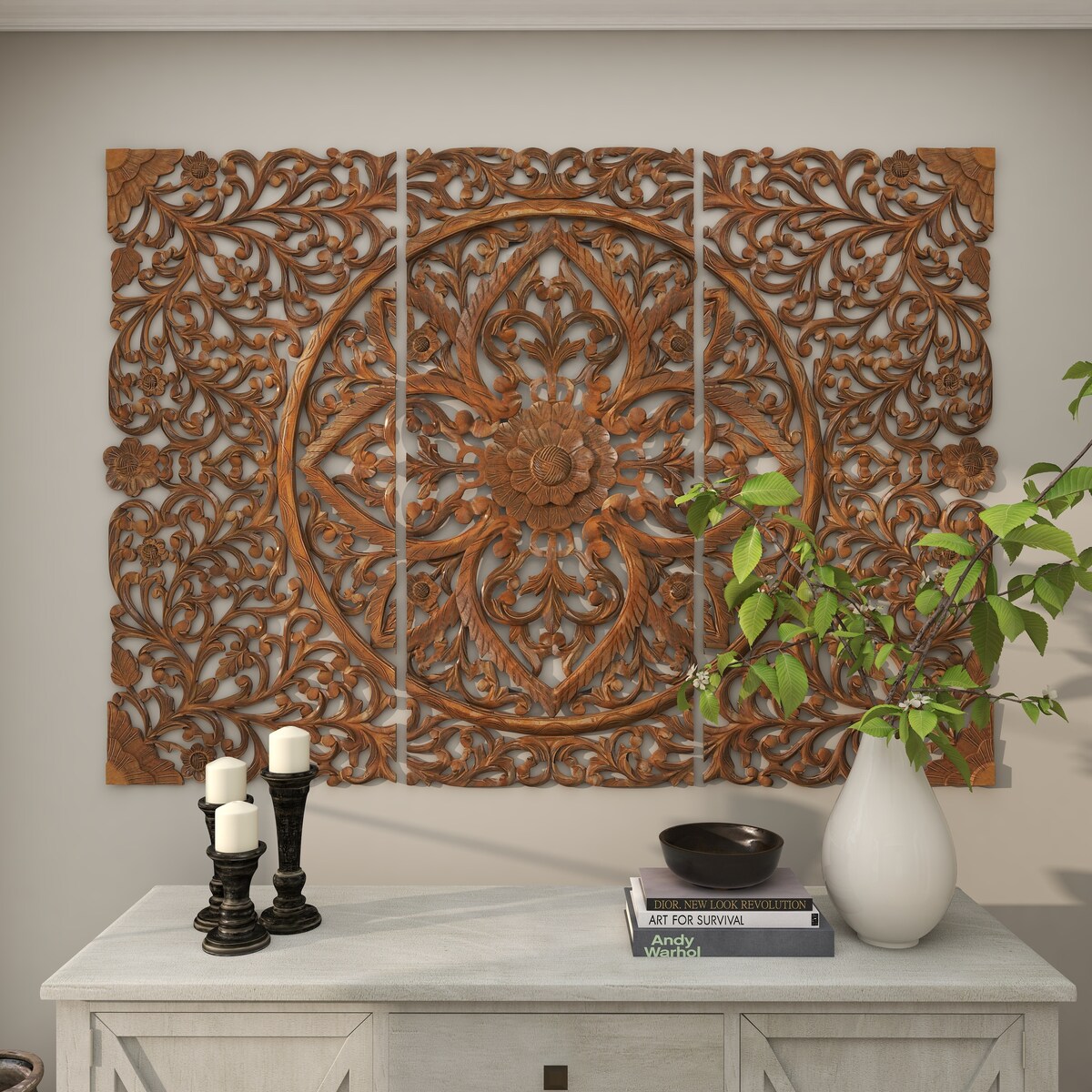 Wooden Floral Handmade Intricately Carved Home Wall Decor - Set of 3 Brown - Roche River Decor