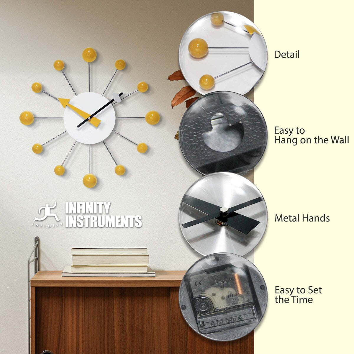 Orb Spoke 15 inch Mid-Century Modern Ball Wall Clock - 15 Inch