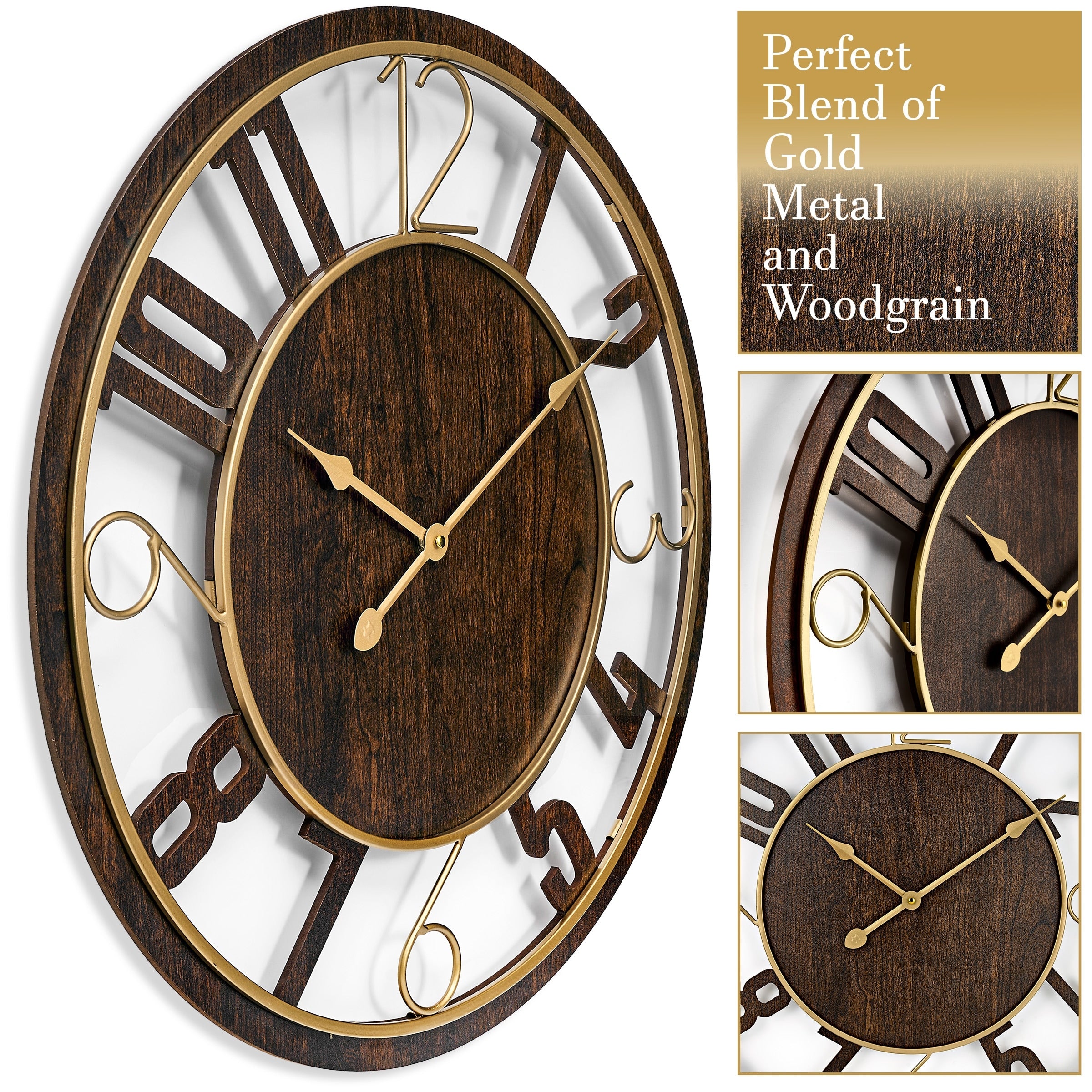 Sorbus Large 24 Decorative Round Wooden Analog Modern Wall Clock Battery Operated With Numeral Style Design