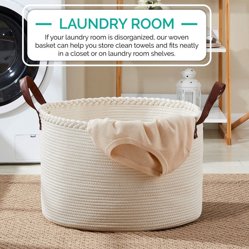 Large Round Cotton Rope Storage Basket Laundry Hamper with Leather Handles, 21 x 21 x 14 - 21 x 21 x 14