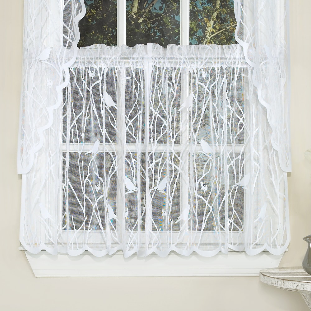 White Knit Lace Bird Motif Window Curtain Tiers, Valance and Swag Pair Options