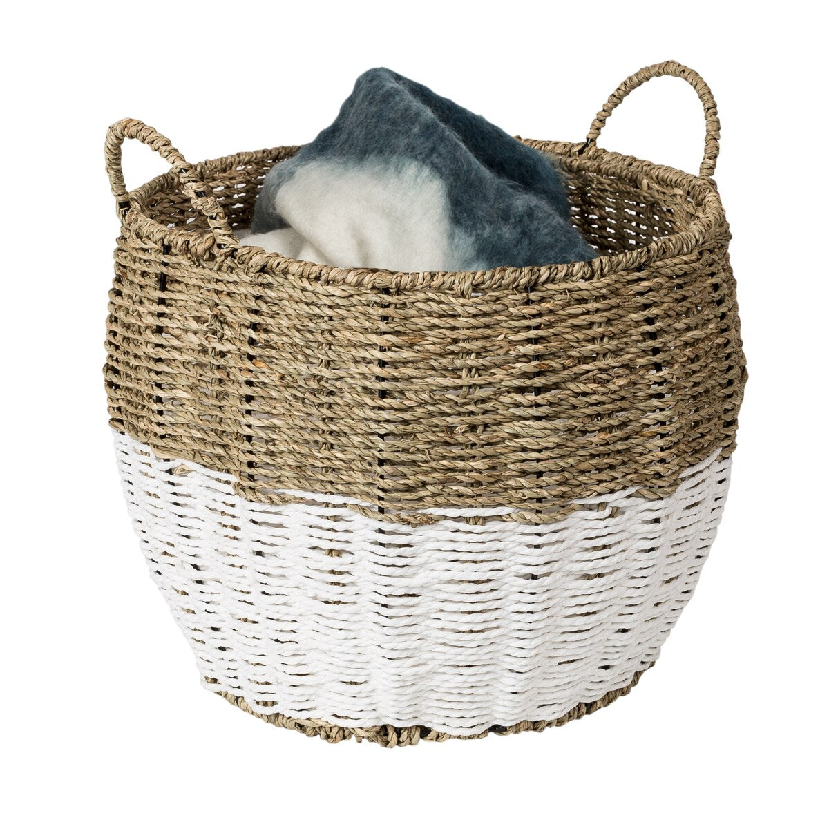 Honey-Can-Do Natural and White Medium Round Seagrass Storage Basket