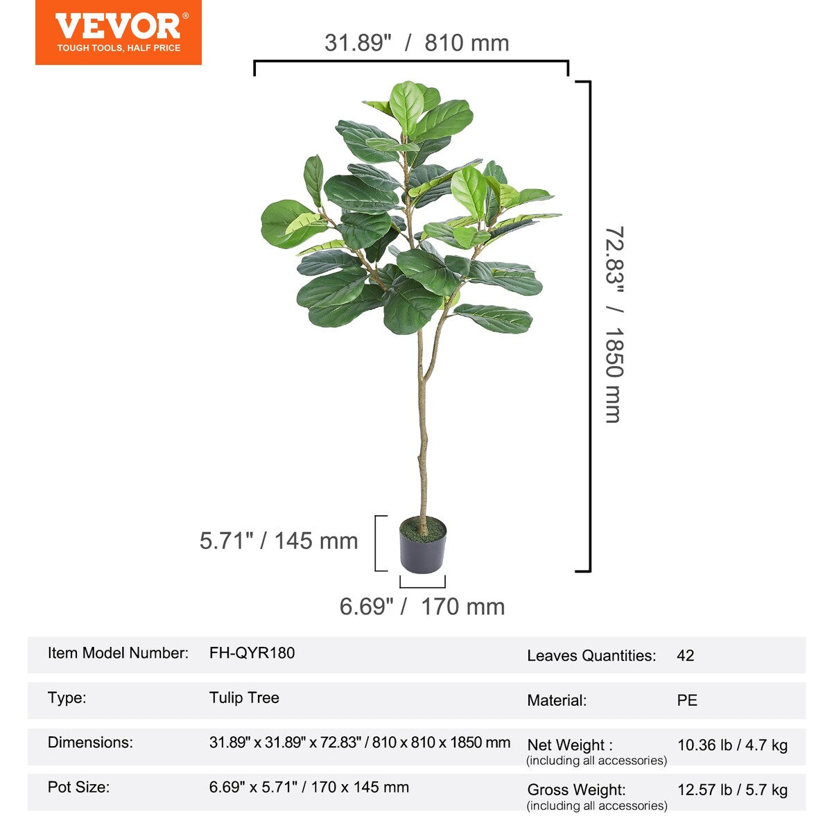 VEVOR Artificial Fiddle Leaf Fig Tree,Lifelike Green Fake Potted Tree for Home Office Warehouse Decor Indoor Outdoor