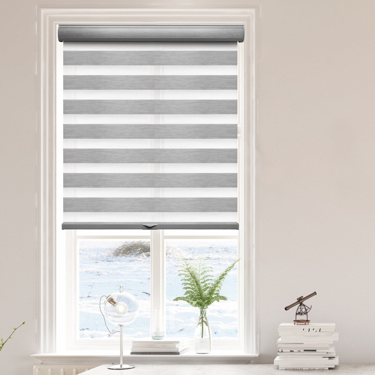 Lumi Cordless Zebra Blinds White/ Gray Fabric Roller Light Filtering