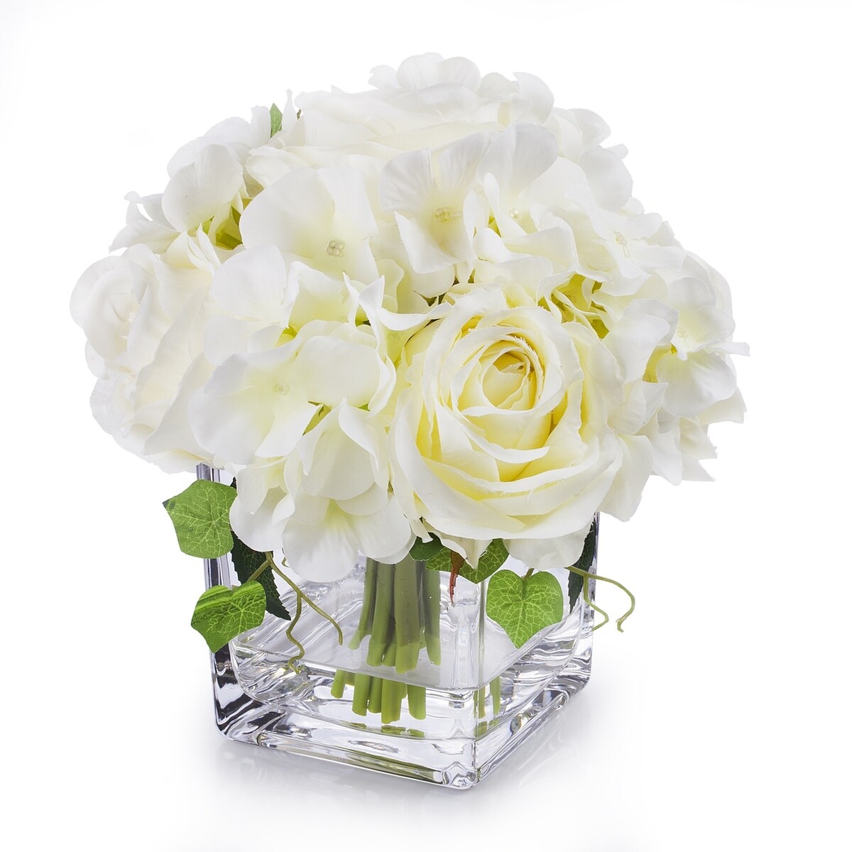 Enova Home Artificial Silk Hydrangea and Fake Roses Flowers Arrangement in Cube Glass Vase with Faux Water for Home Decoration