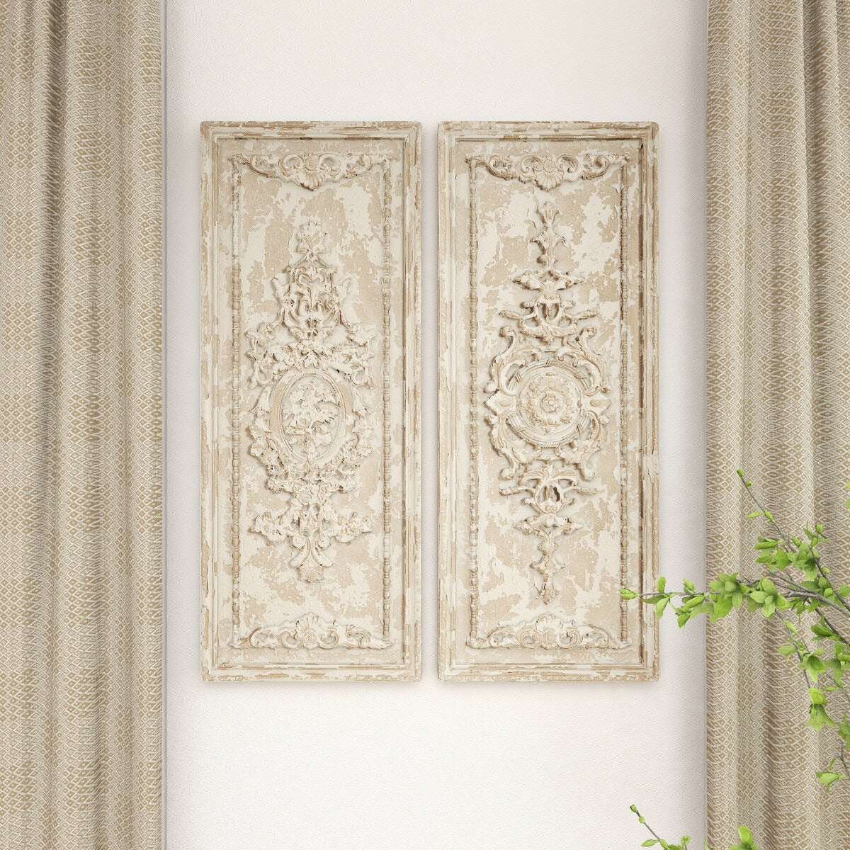 Fiberclay Ceramic Geometric Handmade Carved Arabesque Home Wall Decor - Set of 2 Beige - Roche River Decor