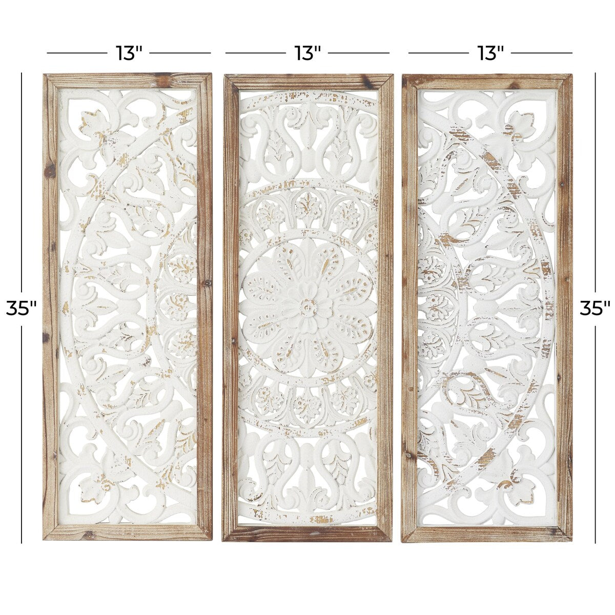 Wood Floral Intricately Carved Home Wall Decor with Mandala Design - Set of 3 White - Roche River Decor