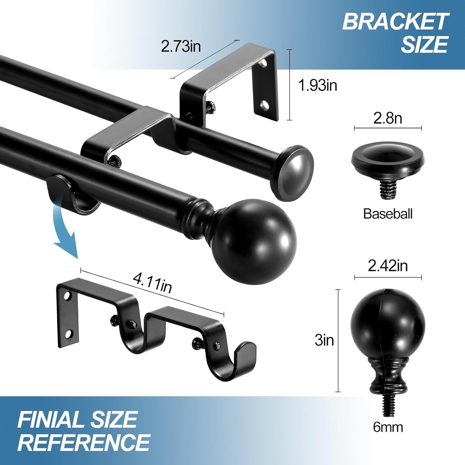 Round Ball Designer Double Drapery Adjustable Curtain Rod & Hardware