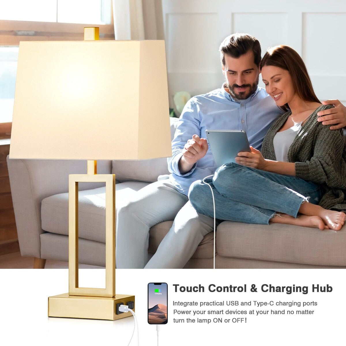 Gold Door Style Table Lamps with USB and Type-C Charging Ports AC Socket and 3-Way Touch Dimming Switch (Set of 2)