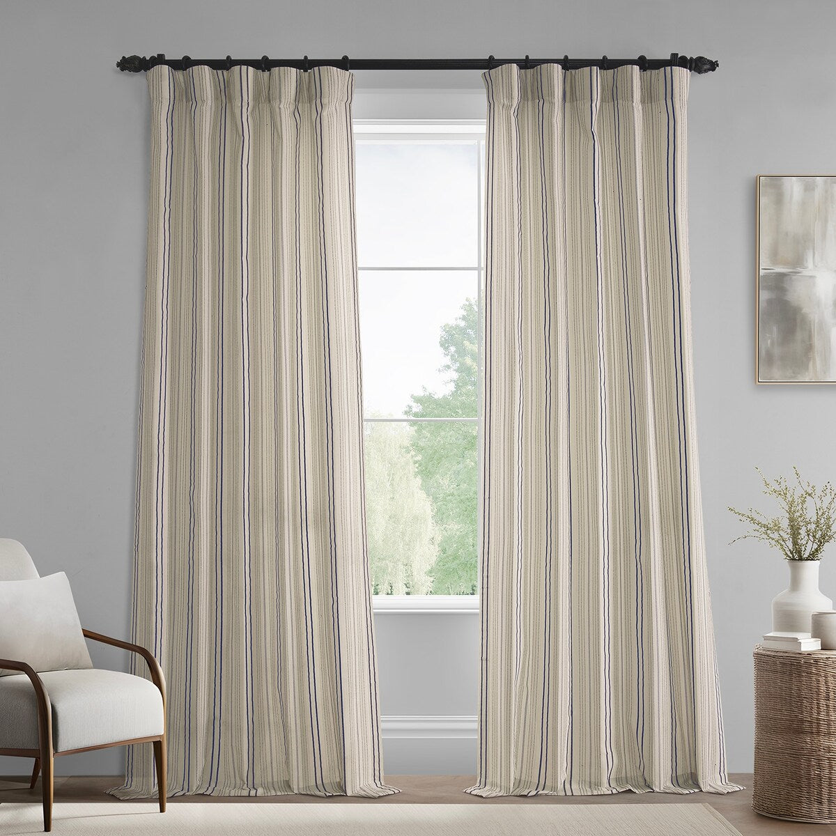 Exclusive Fabrics Striped Blue Linear Cotton Light Filtering Curtains For Bedroom & Living Room Curtains Pair (2 Panels)