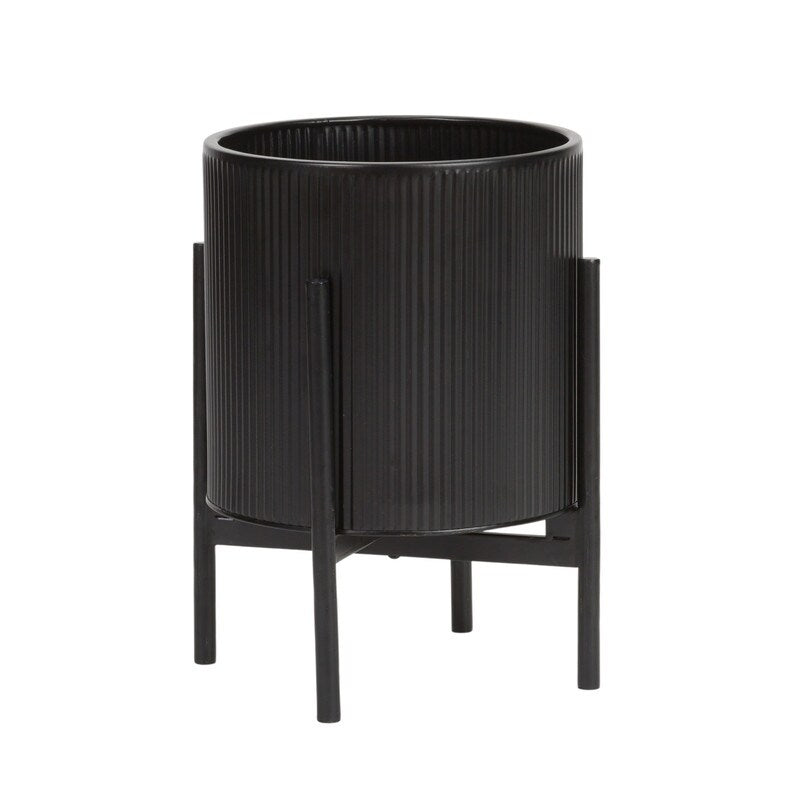 Everett Black Mid-Century Modern Indoor Metal Pot Planter with 4-Leg Metal Base