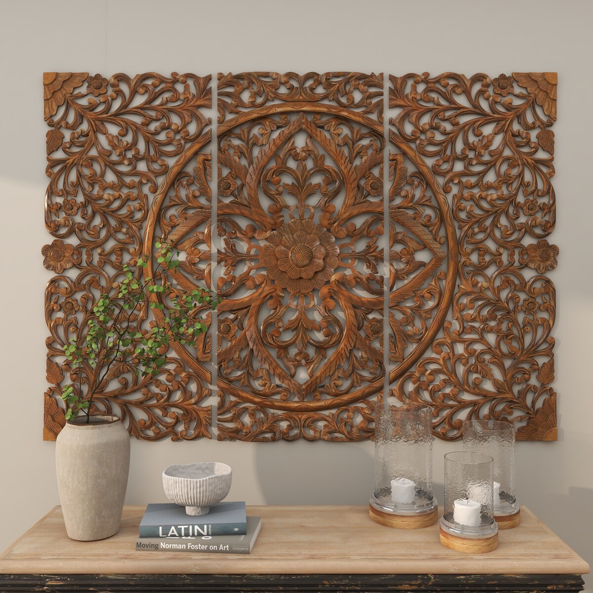 Wooden Floral Handmade Intricately Carved Home Wall Decor - Set of 3 Brown - Roche River Decor