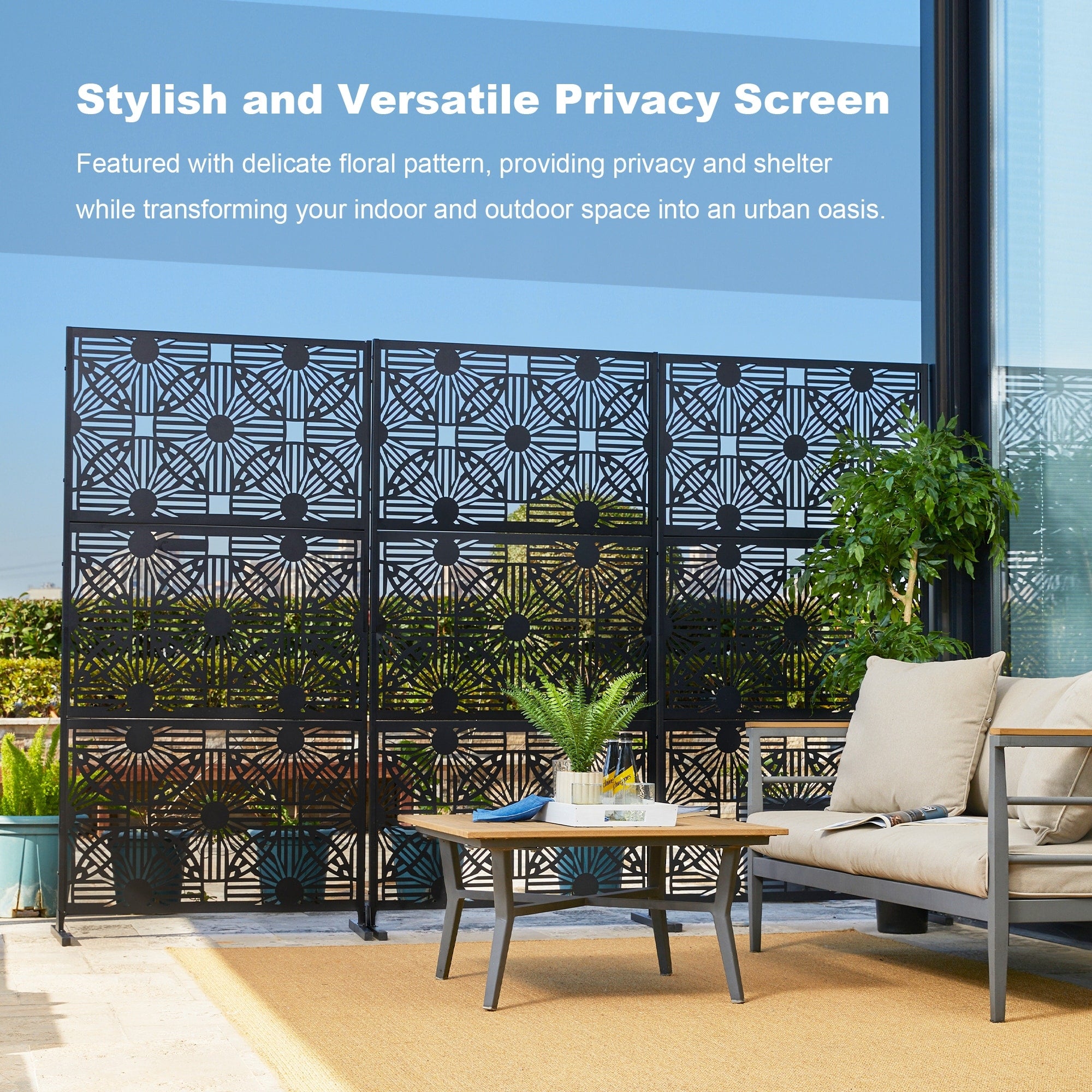 Glitzhome 6ft Galvanized Floral Patterned 3-Panel Privacy Screen Room Divider Fences