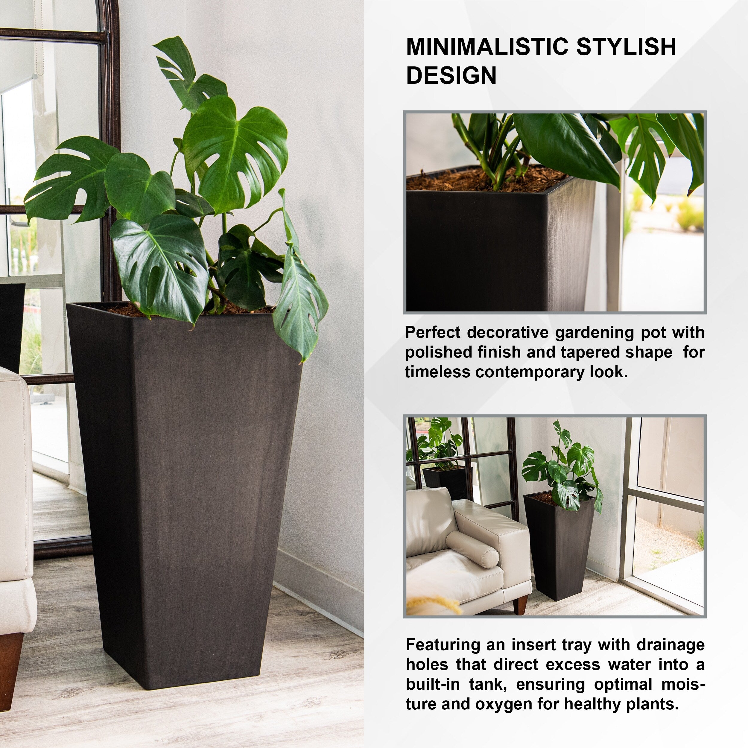 XBrand Modern 30-Inch Tall Modern Square Tapered Planter, Indoor & Outdoor