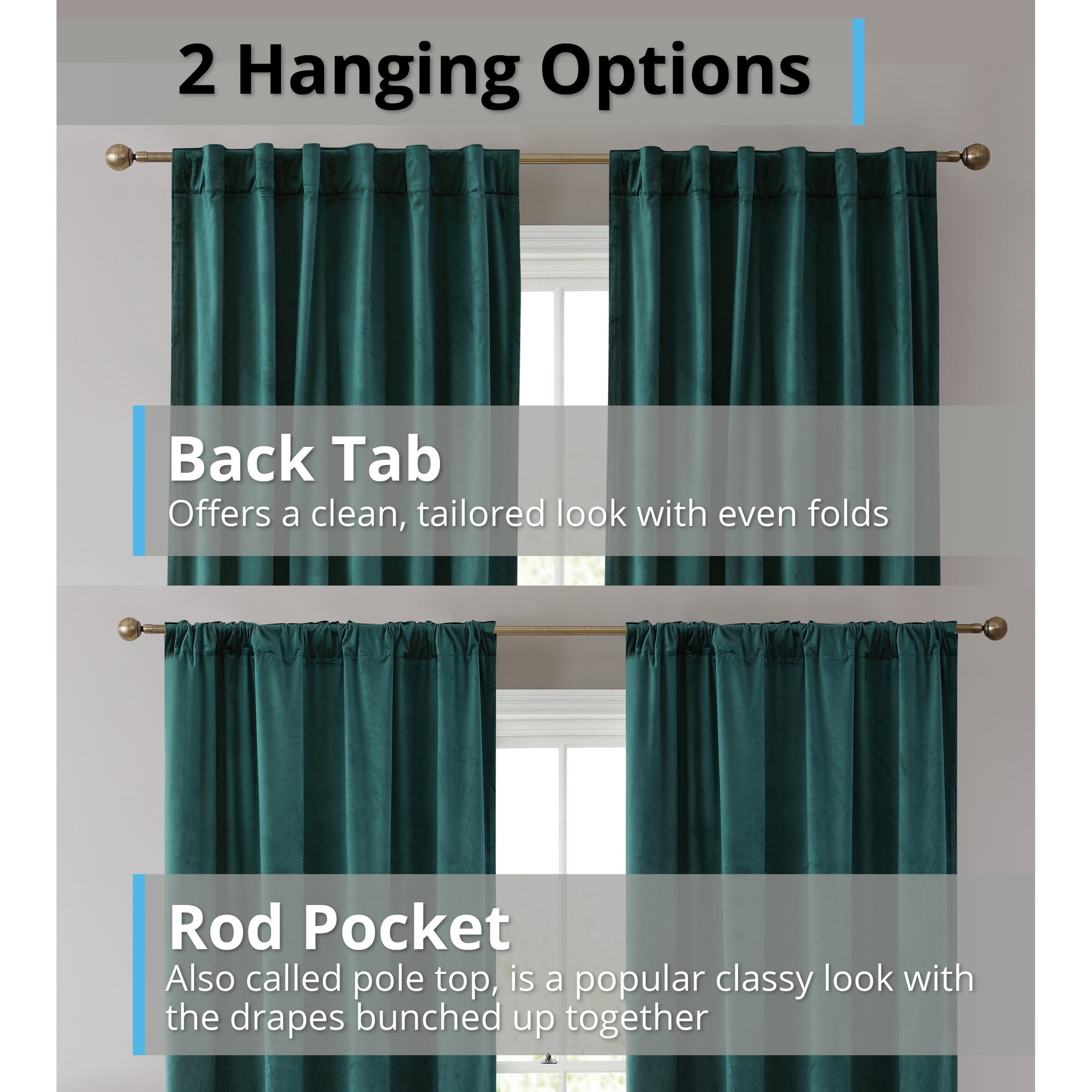 HLC.me Lopez Velvet Back Tab Rod Pocket Window Treatment Curtain Panels Bedroom & Living Room - Set of 2