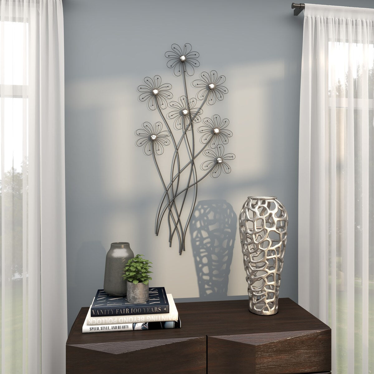 Metal Floral 3D Wire Home Wall Decor with Crystal Embellishments - Black - Roche River Decor