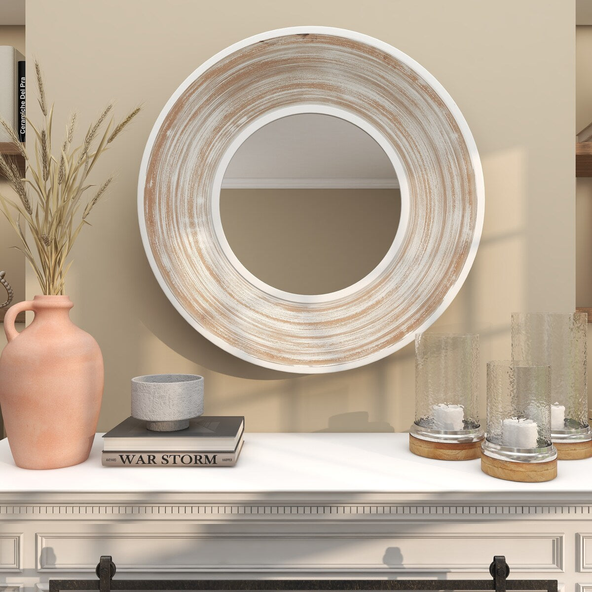 Wooden Room Wall Mirror with White Wash Effect - Cream - Roche River Decor