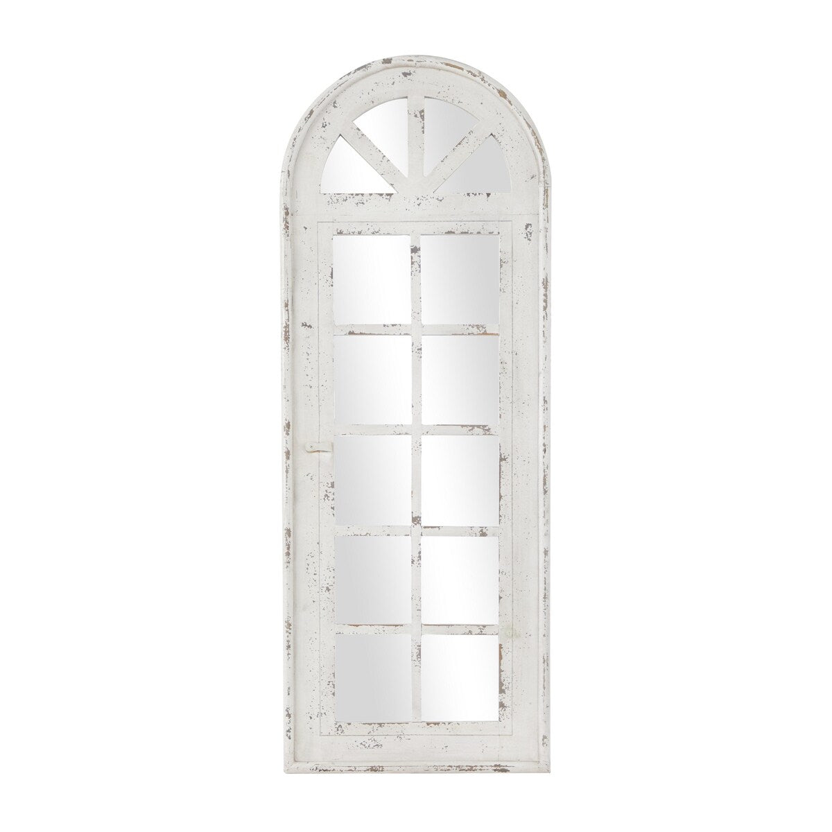 Wooden Window Pane Inspired Room Wall Mirror with Arched Top and Distressing - White - Roche River Decor