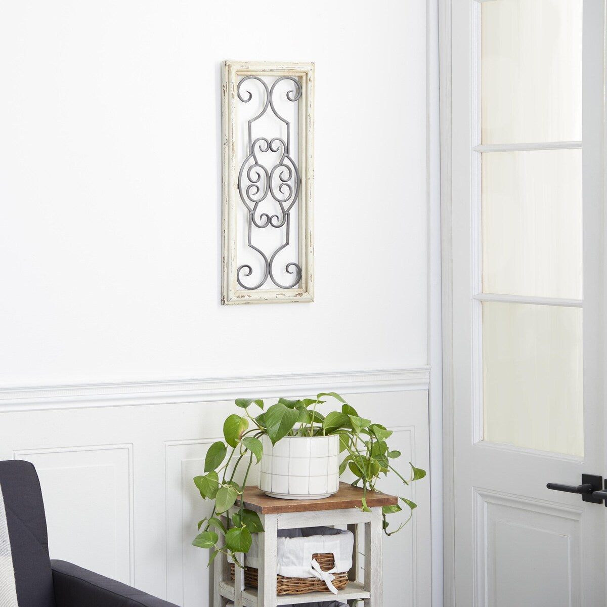 Wood Scroll Small Panel Home Wall Decor with Black Metal Scrollwork - White - Roche River Decor