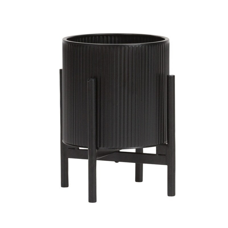 Everett Black Mid-Century Modern Indoor Metal Pot Planter with 4-Leg Metal Base