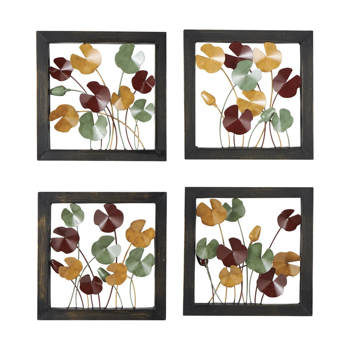 Metal Floral Home Wall Decor with Black Frame - Set of 4 Multi Colored - Roche River Decor