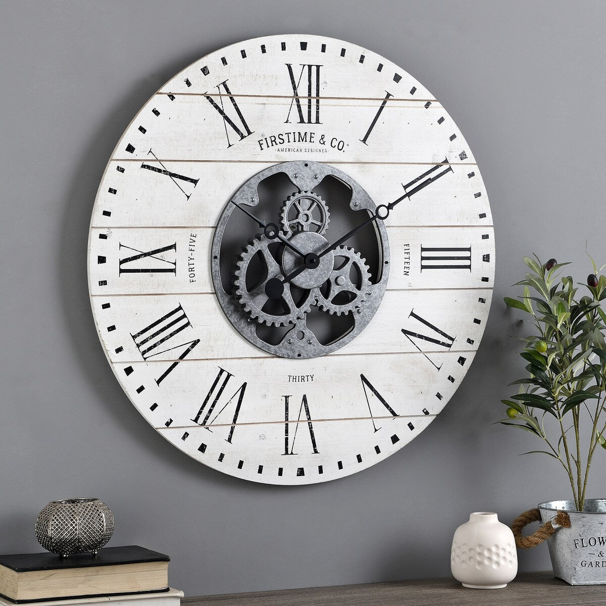 FirsTime & Co. Shiplap Steampunk Farmhouse Wall Clock