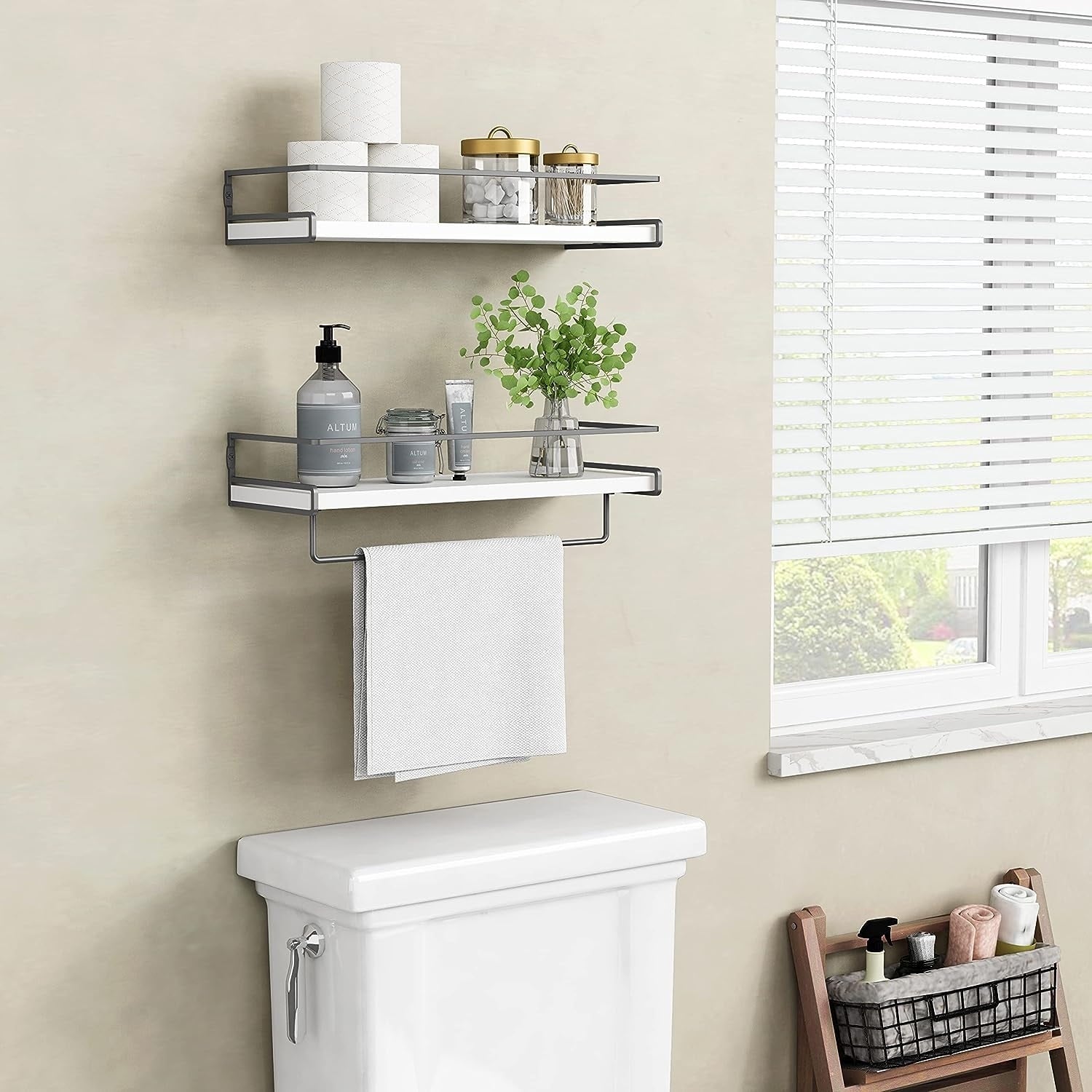 Wall Mounted Floating Shelves with Tower Bar, Set of 2