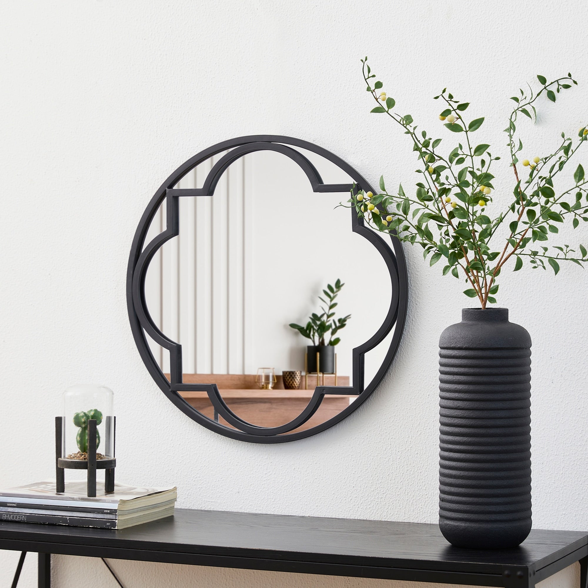 Glitzhome Modern Round/ Arched Black Metal Glass Wall Mounted Mirror Indoor Decor