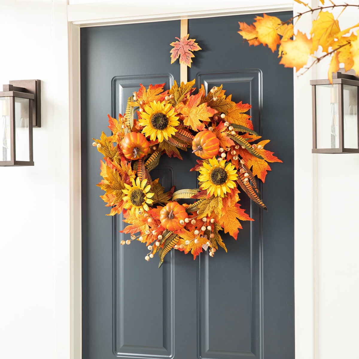 Glitzhome Set of 3 Fall Metal Glitter Acorn Leaf Pumpkin Wreath Hangers for Thanksgiving