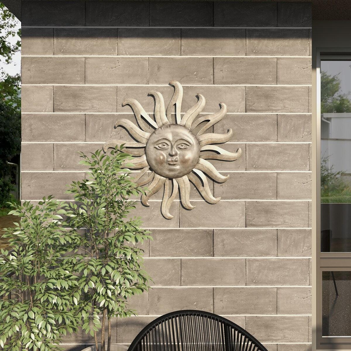 Metal Sun Indoor Outdoor Face Home Wall Decor with Ribbed Detailing - Gray - Roche River Decor